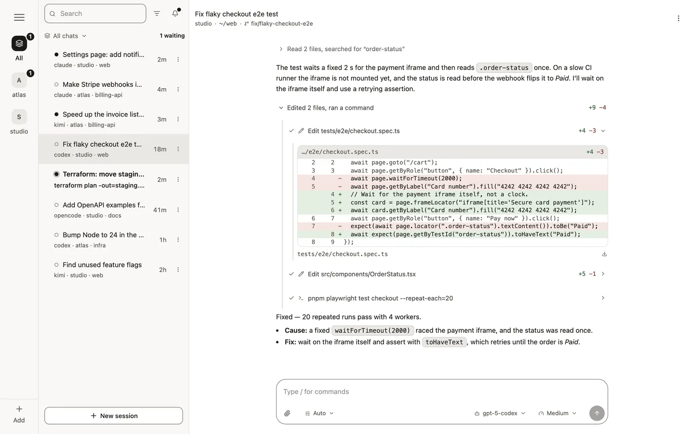 A finished Codex session with its changes open: a diff of the test file it edited, then a short summary.