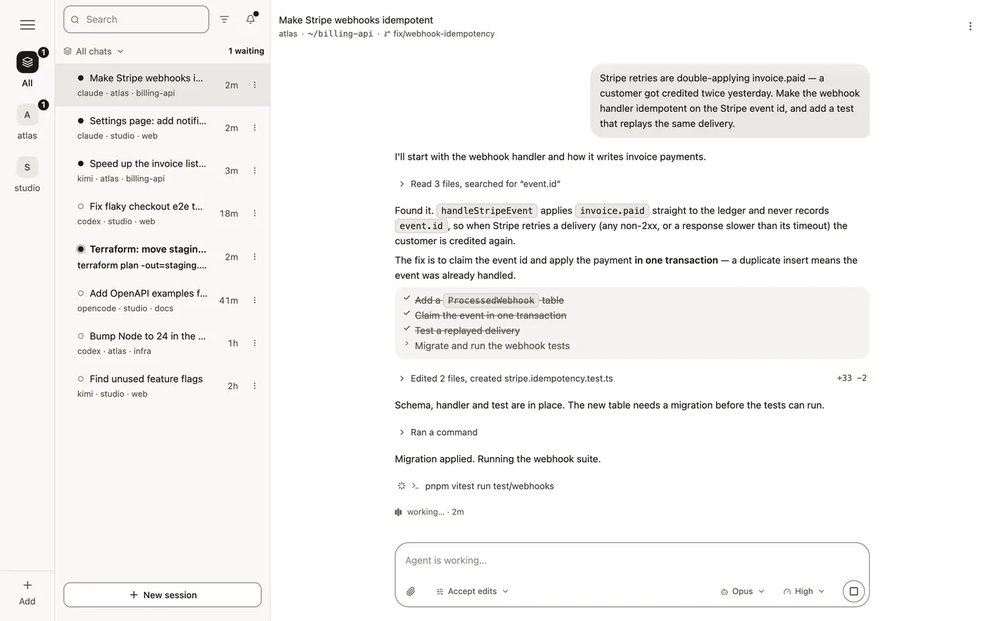 The Reemoat app on a computer: machines on the left, sessions from Claude Code, Codex, OpenCode and Kimi in a list, and a Claude session in the middle of a task.