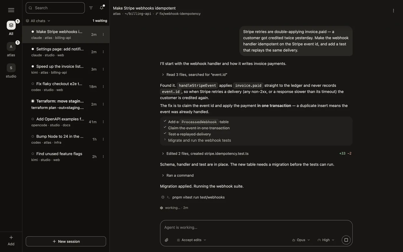 The Reemoat app on a computer: machines on the left, sessions from Claude Code, Codex, OpenCode and Kimi in a list, and a Claude session in the middle of a task.